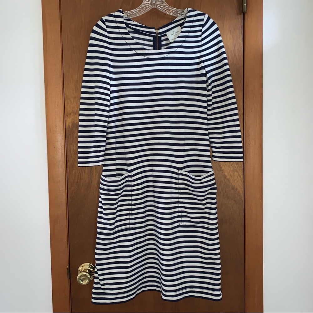 Women’s 4 KATE SPADE Navy Blue Striped Zip Back Dress 3/4 Sleeve Deep Pockets VG
